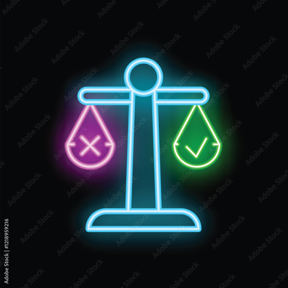 Neon scales are balancing a green check mark and a red cross mark, showing right and wrong choices Neon scales are balancing a green check mark and a red cross mark, showing right and wrong choices