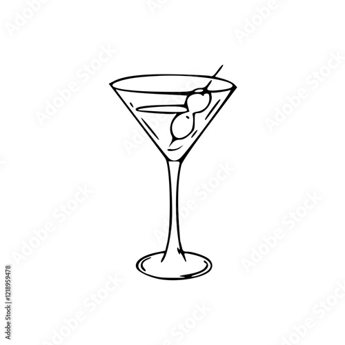 a black and white drawing of a glass of martini