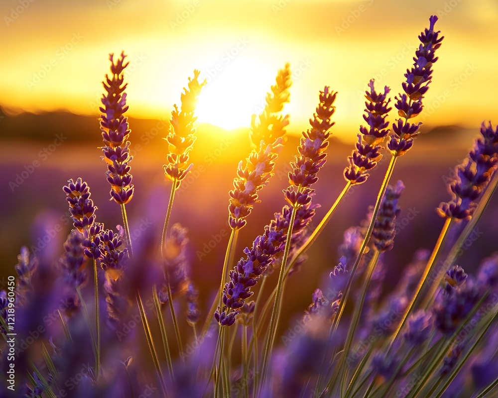 Obraz premium Vibrant Lavender Field Sunset- Golden Hour Photography