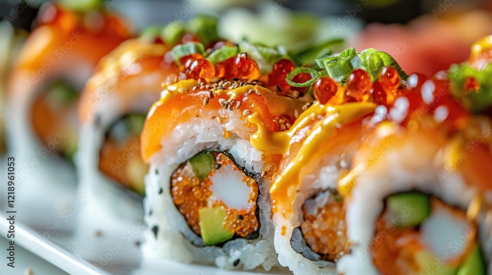 A close-up of a fresh piece of sushi on a white isolated background A close-up of a fresh piece of sushi on a white isolated background