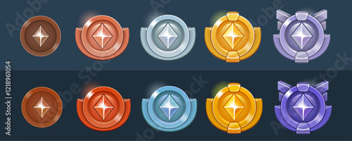 Colorful metallic game rank badges. Wood, bronze, cooper, golden, silver, silvered, platinum. Realistic, flat style.