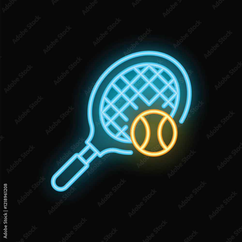 Brightly glowing neon tennis racket hitting a ball on a black background Brightly glowing neon tennis racket hitting a ball on a black background