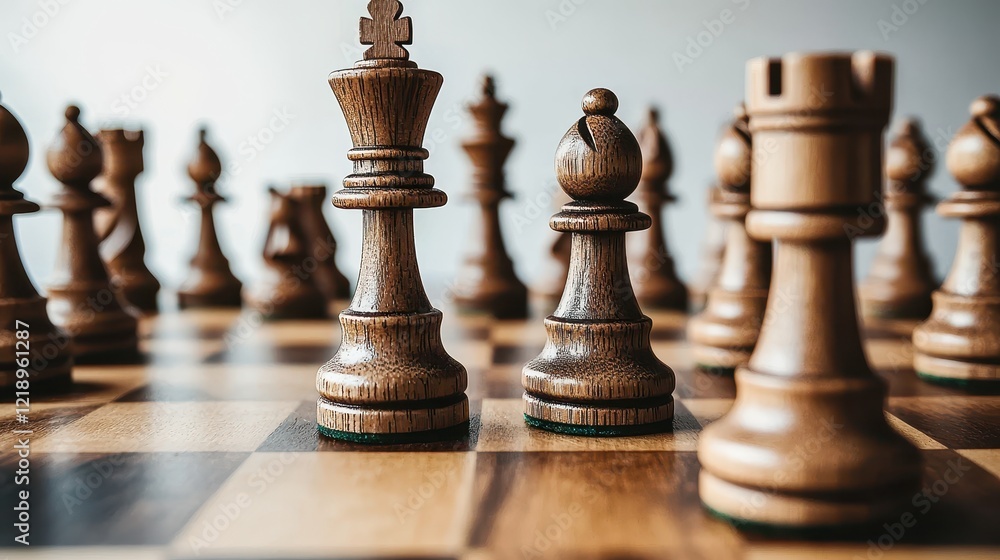 A wooden chessboard with chess pieces neatly arranged on a white isolated background A wooden chessboard with chess pieces neatly arranged on a white isolated background