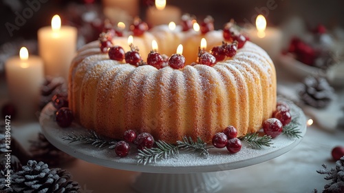 Festive cake, candles, winter scene, dessert photo