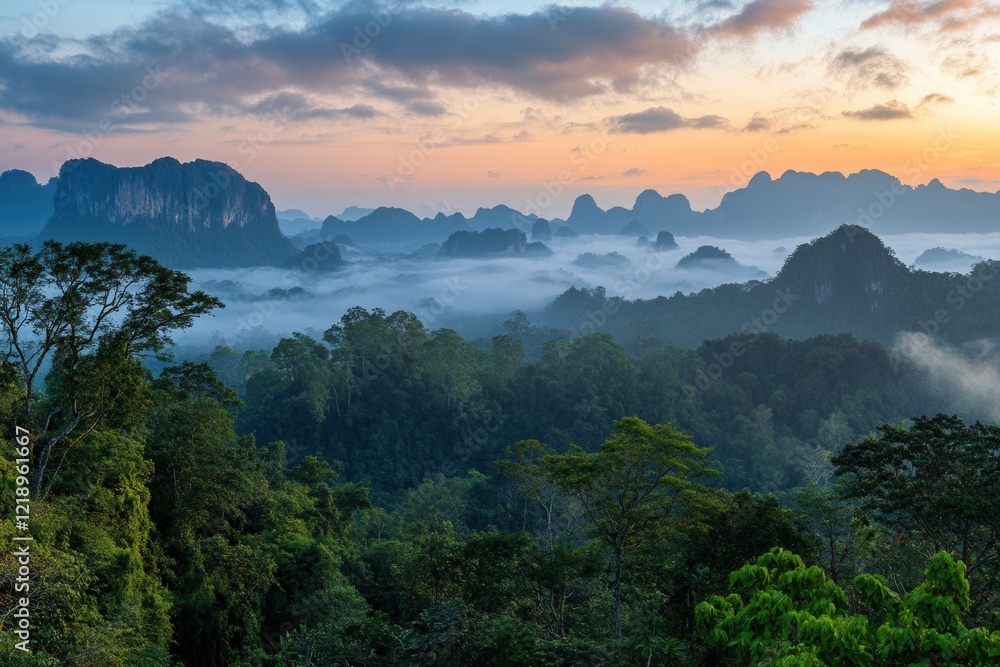 Misty Sunrise Over Lush Tropical Landscape Misty Sunrise Over Lush Tropical Landscape