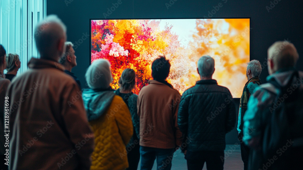Obraz premium People Viewing Vibrant Autumn Abstract Art Digital Display Gallery Red Show Fall Image Scene Group 