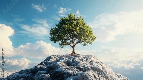 A solitary tree atop a rocky outcrop under a bright, sunny sky.