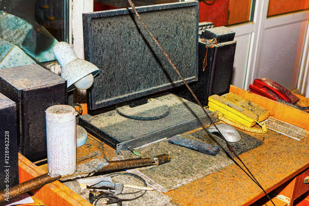 Cluttered office desk covered in a thick layer of dust and debris, after a fire disaster. Desk contains a computer monitor, keyboard, speakers, telephone, various office supplies, all are damaged