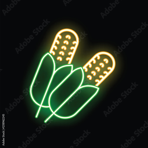 Neon sign showing two corn cobs glowing on black background