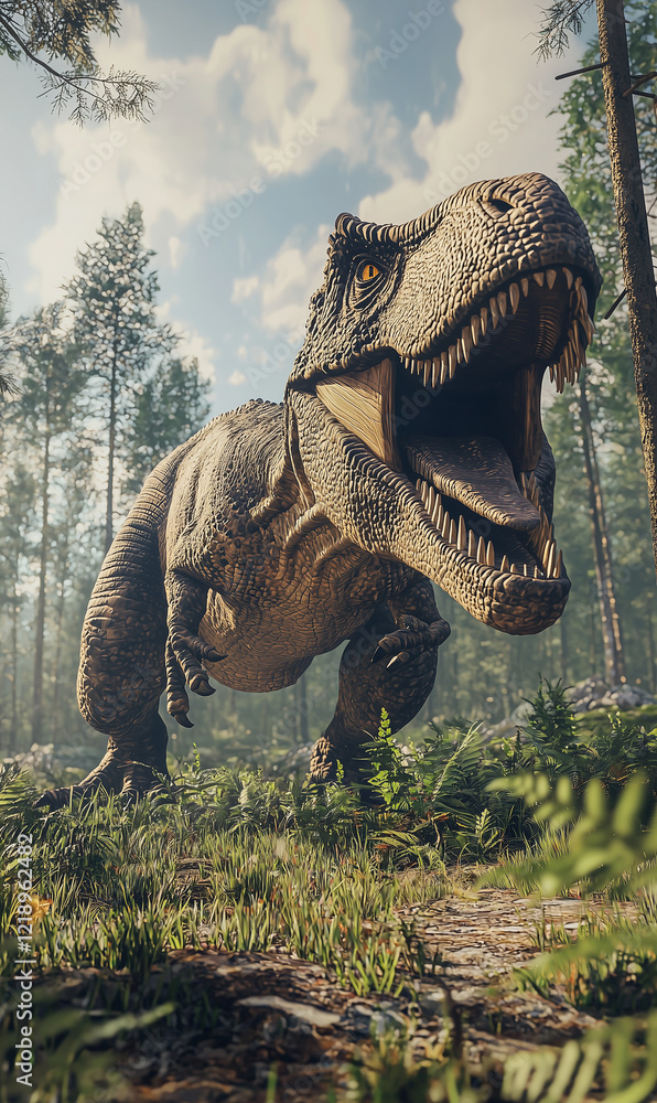 Fototapeta premium A powerful dinosaur roaring in a lush, prehistoric forest.