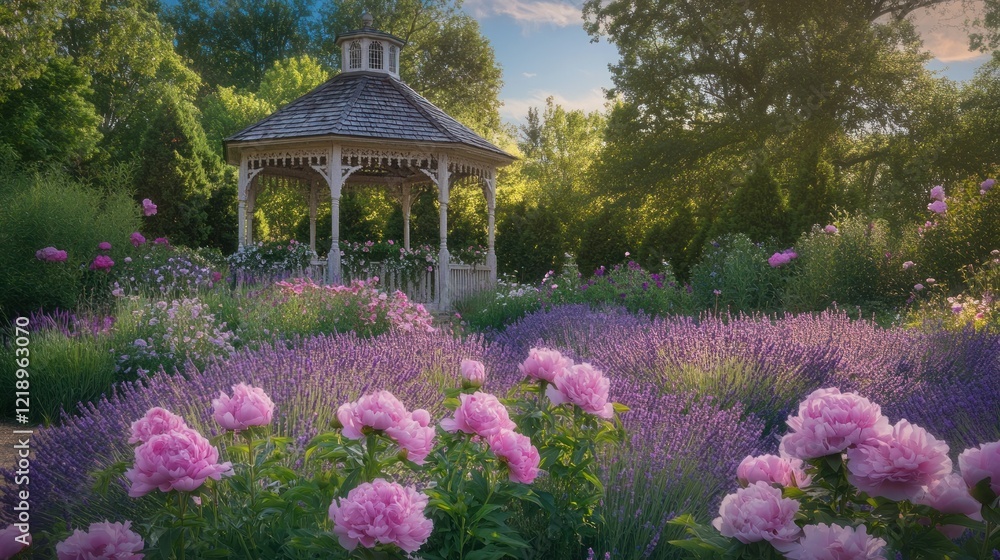 Serene Gazebo Garden: Lavender, Peonies, and Summer's Golden Hour Serene Gazebo Garden: Lavender, Peonies, and Summer's Golden Hour