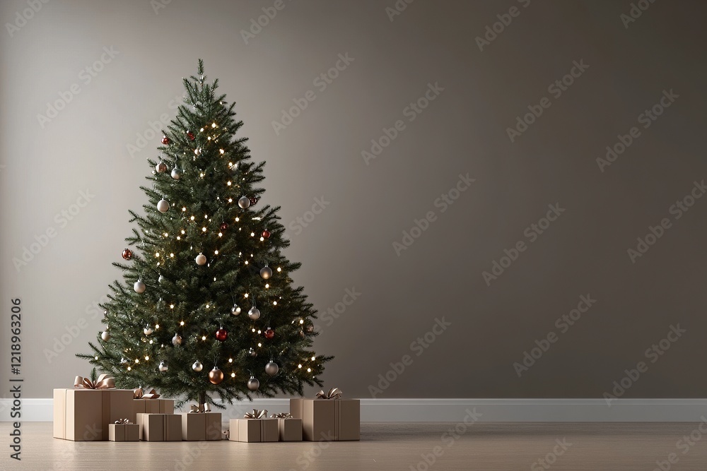 Decorative Christmas tree with gifts in a minimalist living room during holiday season Decorative Christmas tree with gifts in a minimalist living room during holiday season