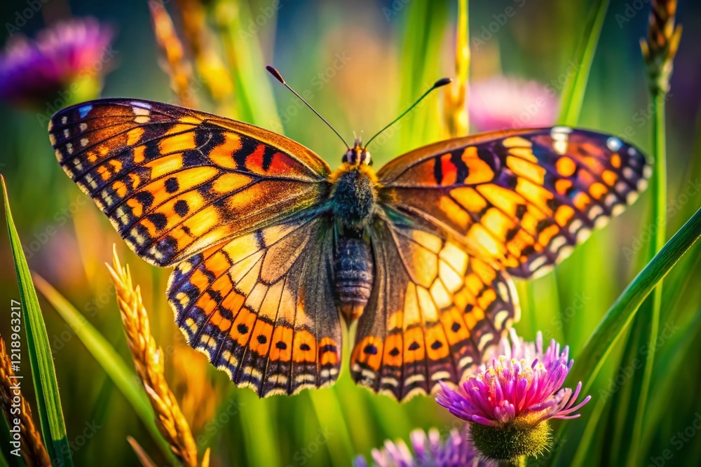 Fototapeta premium Macro Photography: Butterfly, Flower, Grass - Nature's Delicate Game