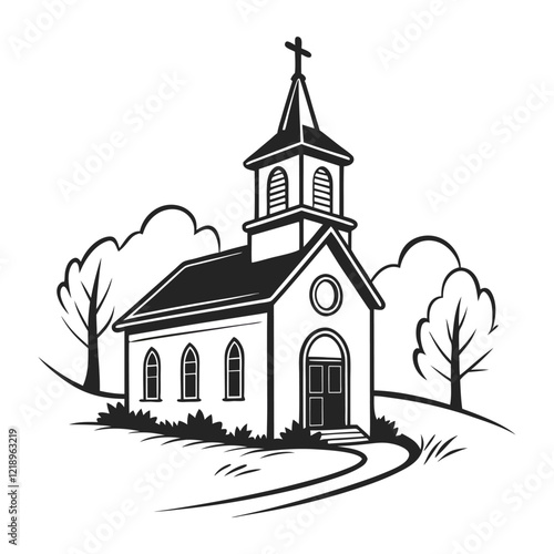 A stylized, black and white vector illustration of a charming church perched atop a grassy hill