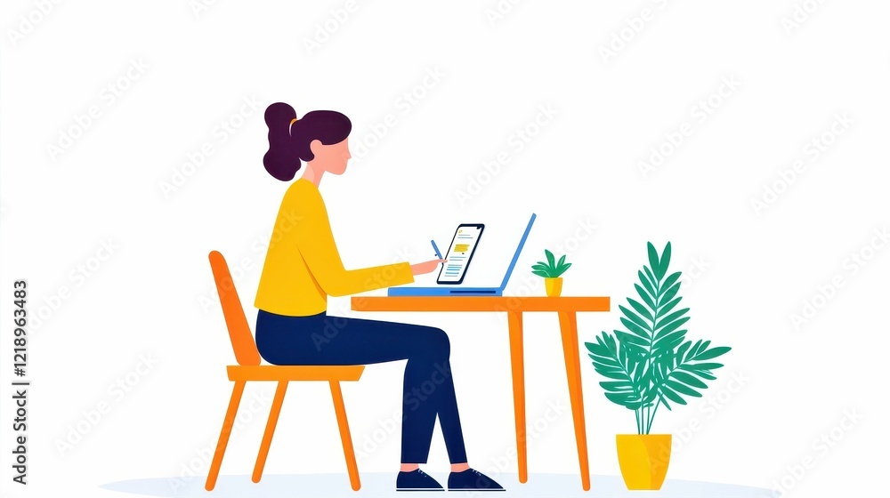 Remote worker at wooden desk, planning tasks on laptop, using productivity apps on smartphone, enhancing work efficiency