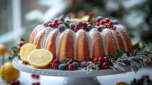 Festive lemon cake, winter setting, holiday baking photo