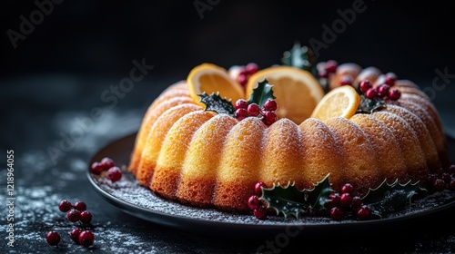 Festive Orange Cake, Winter Dessert, Dark Background photo