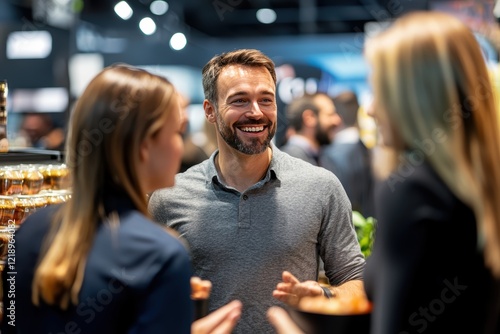 A group of smiling people standing and talking at a booth, looking at a product.