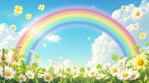 Bright and cheerful frame with rainbow arches, clovers, and blooming daisies on a sunny sky backdrop