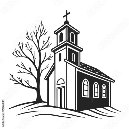 A stylized, black and white vector illustration of a charming church perched atop a grassy hill