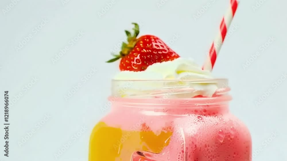 mason jar of colorful fruit smoothie layered with pink and yellow