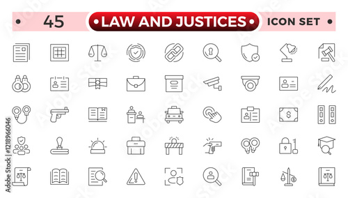 law and Justices icon set such as thin line divorce, protection law, diplopy, law enforcement, firm, police badge, services icons for report, presentation, diagram justice set.