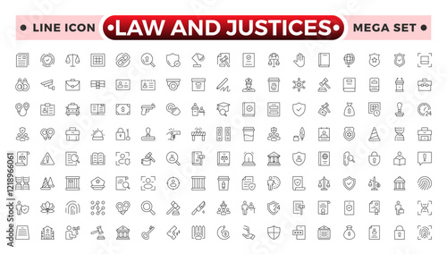 law and Justices icon set such as thin line divorce, protection law, diplopy, law enforcement, firm, police badge, services icons for report, presentation, diagram justice set.