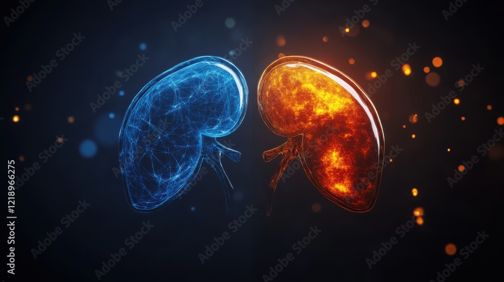 Fototapeta premium Healthy versus unhealthy liver tissue comparison, showcasing the impact of lifestyle choices and medical conditions on organ health and wellness.