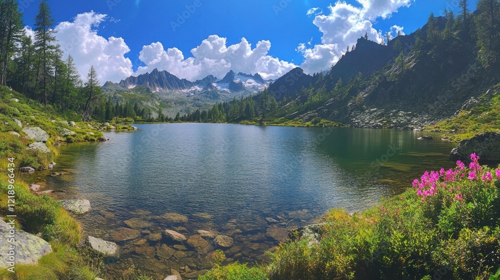 Serene mountain lake reflecting blue sky, surrounded by lush greenery and wildflowers.