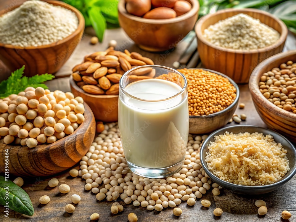 Macro Photography of Plant-Based Milk Ingredients: Soybeans, Oats, Almonds, and Rice Grains Macro Photography of Plant-Based Milk Ingredients: Soybeans, Oats, Almonds, and Rice Grains