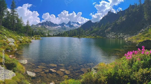 Obraz na płótnie Serene mountain lake reflecting blue sky, surrounded by lush greenery and wildflowers. w salonie