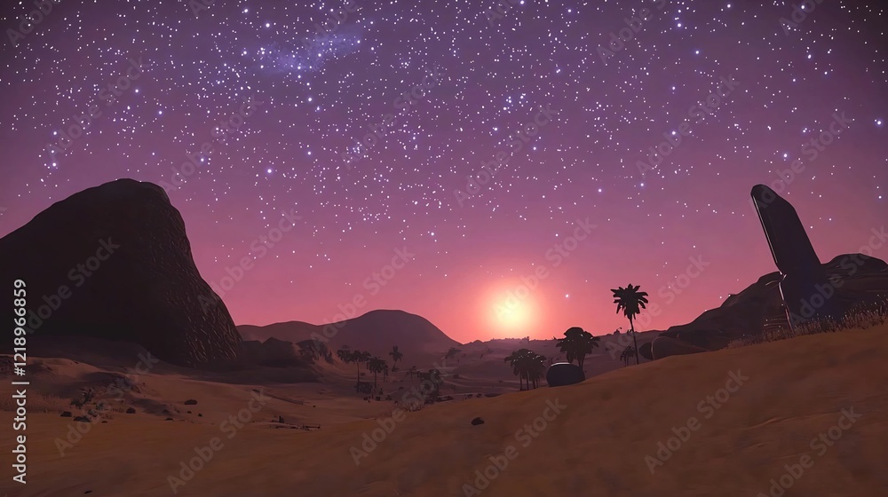 Fototapeta premium Alien desert sunset, starry sky, dunes, rocks, palm trees; sci-fi background