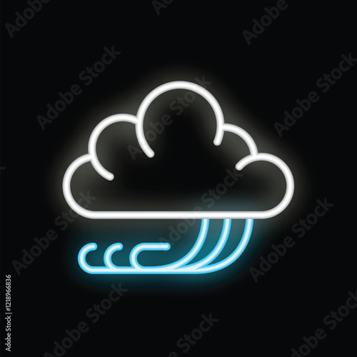 Neon wind blowing under a bright cloud at night, weather forecast symbol