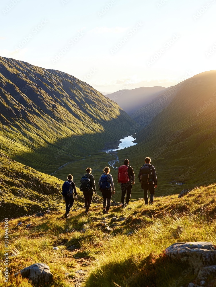 Obraz premium A group of hikers traverses a scenic valley, illuminated by the golden glow of sunset, surrounded by lush green hills and a serene river.