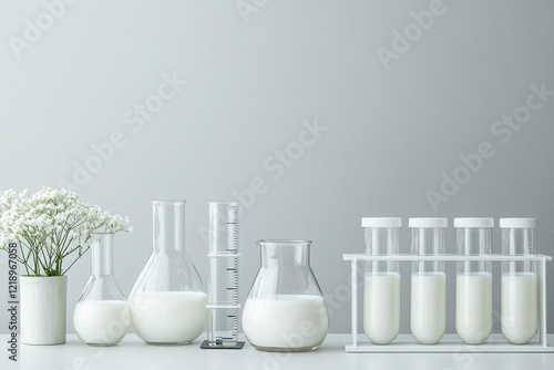 Laboratory setup with milk samples in glassware, emphasizing cleanliness and chemical detection. arrangement includes flasks, measuring cylinder, and flower vase