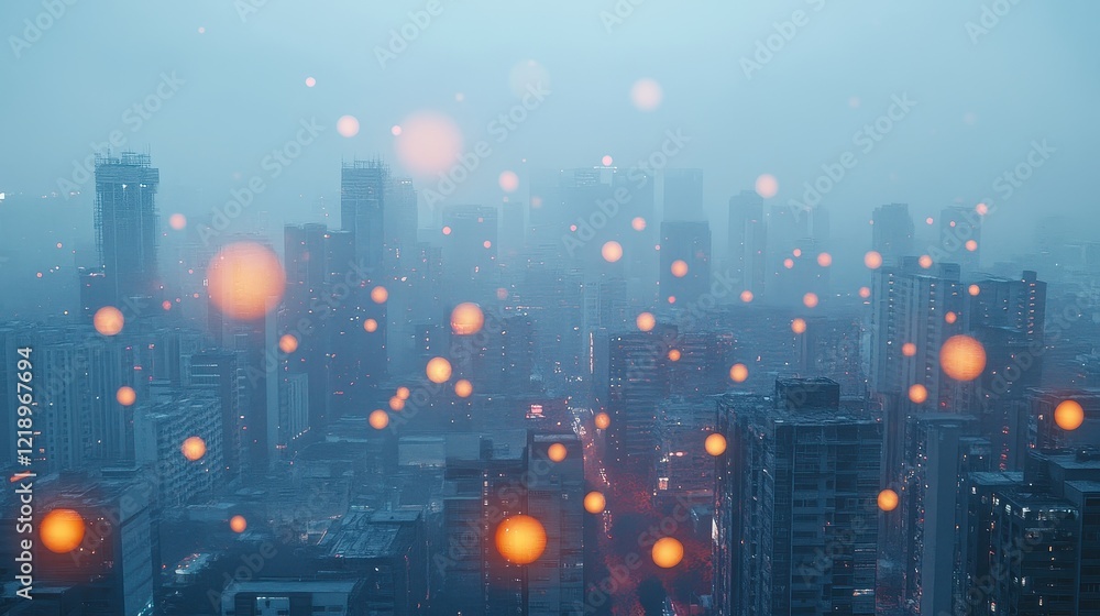 Fototapeta premium Airborne PM2.5 particles illustrated as glowing orbs in a polluted cityscape, artistic visualization of air quality issues.