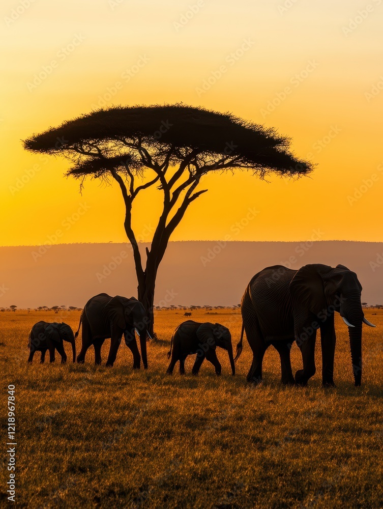Fototapeta premium Majestic elephants stroll under an acacia tree during a stunning sunset in the savanna, showcasing the beauty of wildlife in their natural habitat.