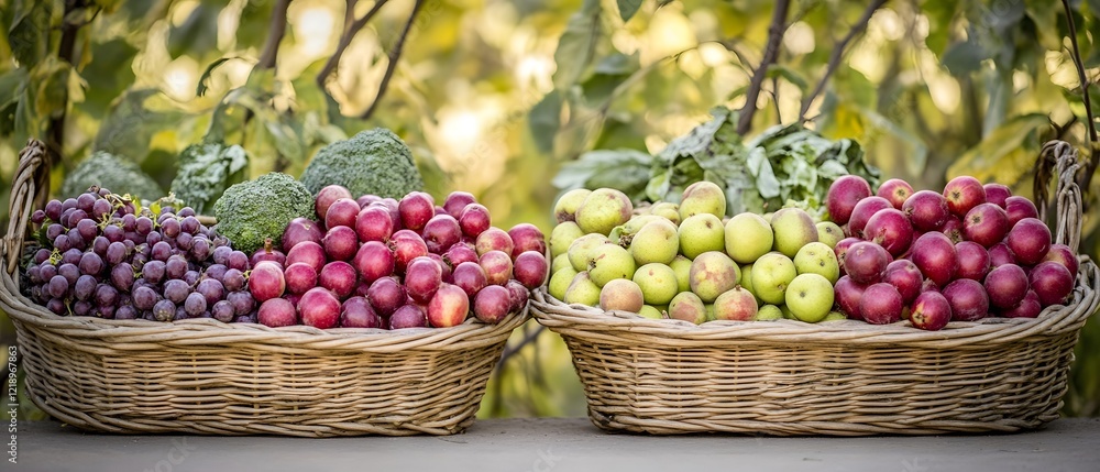 Fototapeta premium Vibrant Baskets of Fresh Fruit and Broccoli