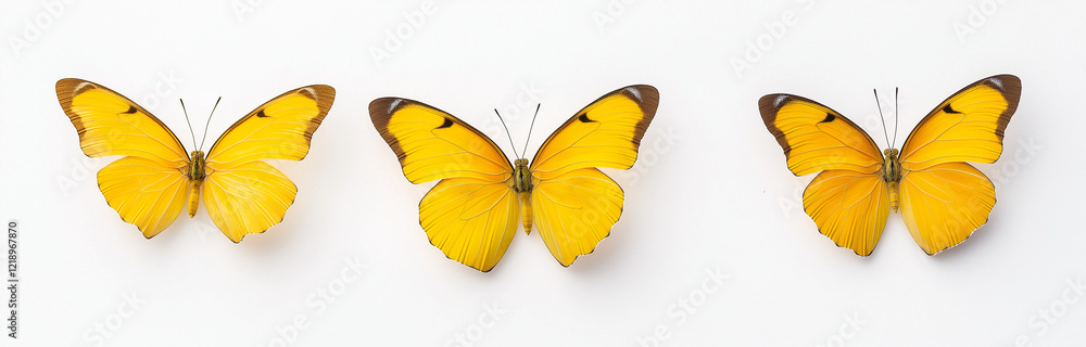 Fototapeta premium Three vibrant yellow butterflies with intricate wing patterns displayed symmetrically. Their bright colors and delicate features evoke sense of beauty and nature artistry