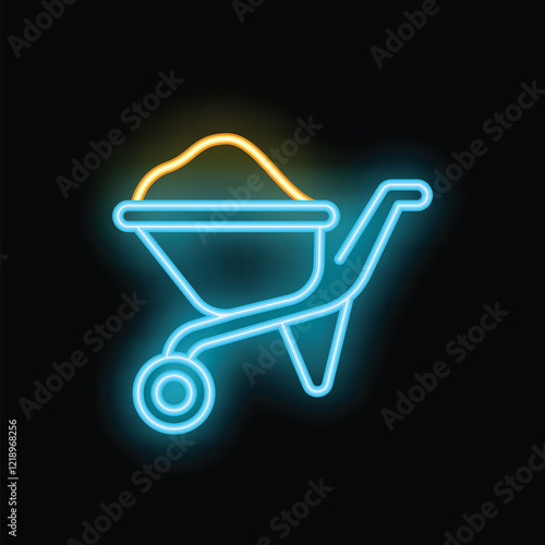 Glowing neon icon of wheelbarrow with pile of soil on black background