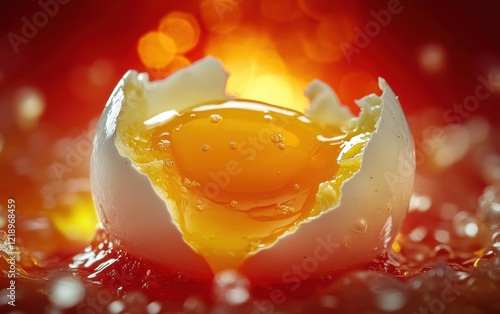 Macro shot of a soft-boiled egg with runny yolk, surrounded by warm red and yellow abstract lighting. photo