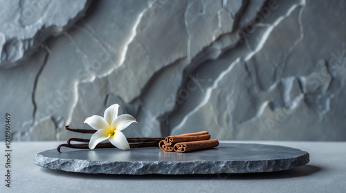 Nature Inspired Spa Advertisement Featuring Grey Marble Cinnamon Roll and Vanilla Flower for a Peaceful Relaxation Beauty Poster Mockup photo