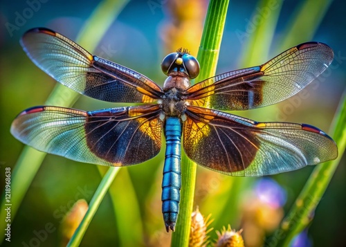 Macro Photography: Widow Skimmer Dragonfly on Plant Stalk photo