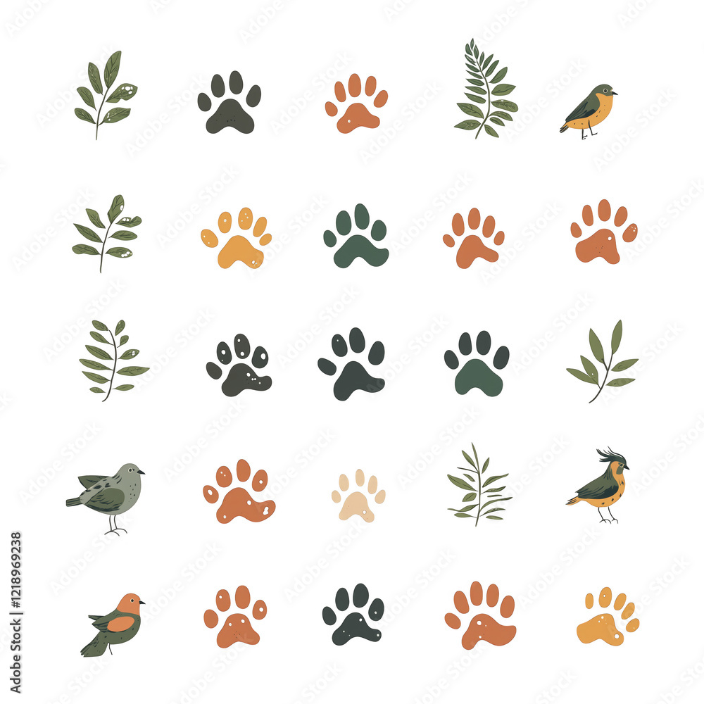 Obraz premium Colorful Animal Tracks and Leaves on a White Background