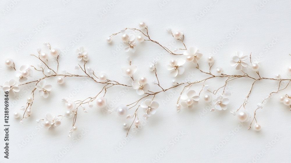 A close-up of a delicate pearl necklace laid out on a white isolated background A close-up of a delicate pearl necklace laid out on a white isolated background