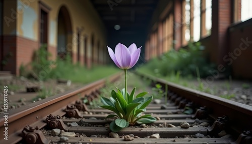 Resilient Bloom: A Tulip Growing Amidst Forgotten Railway Tracks in an Abandoned Station, Symbolizing Nature's Tenacity and Tranquility photo