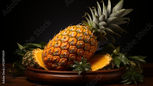 A ripe, juicy pineapple, isolated on a white background, is a healthy and delicious tropical fruit photo