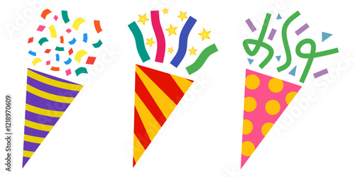 Set of party poppers and colorful confetti explosions. Party popper with vibrant confetti and shiny stars shooting out for celebration in hand-drawn style.