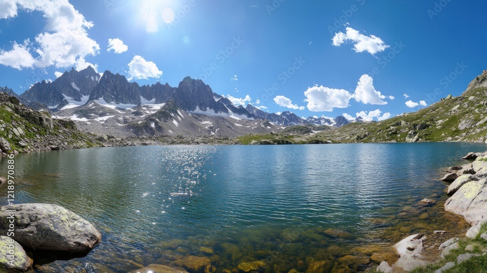 Panoramic view of a serene mountain lake reflecting the sunlight and rocky peaks under a bright blue sky.