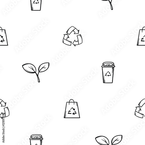 A simple black and white seamless pattern on ecology, environment, global warming. Editable vector background with icons of leaves, recycling sign, garbage. Print for wrapping paper, decoration